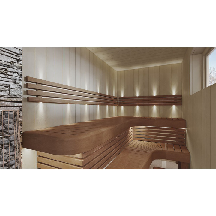 Elemento terminale per panche da sauna modulari, in pioppo termoplastico.