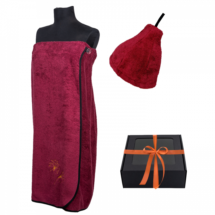 Set regalo in confezione regalo per LEI. Cappello e grembiule da sauna da donna - BORDEAUX