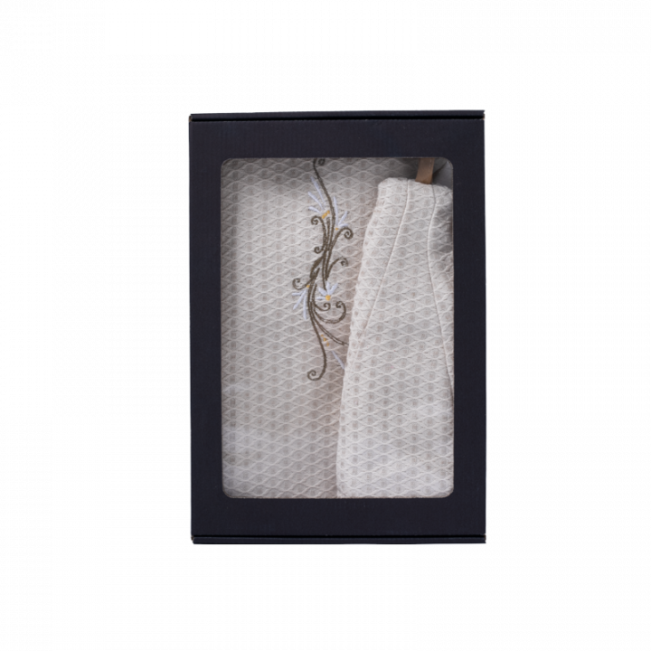 Set regalo in confezione regalo per LEI. Cappello e grembiule da sauna da donna - LINO, ricamato