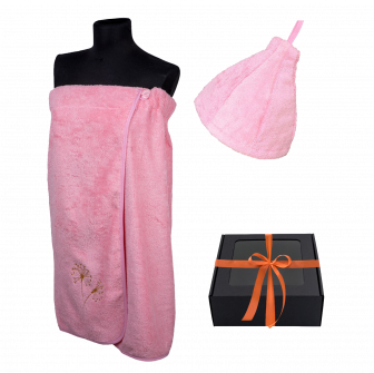 Set regalo in confezione regalo per LEI. Cappello e grembiule da sauna da donna - ROSA
