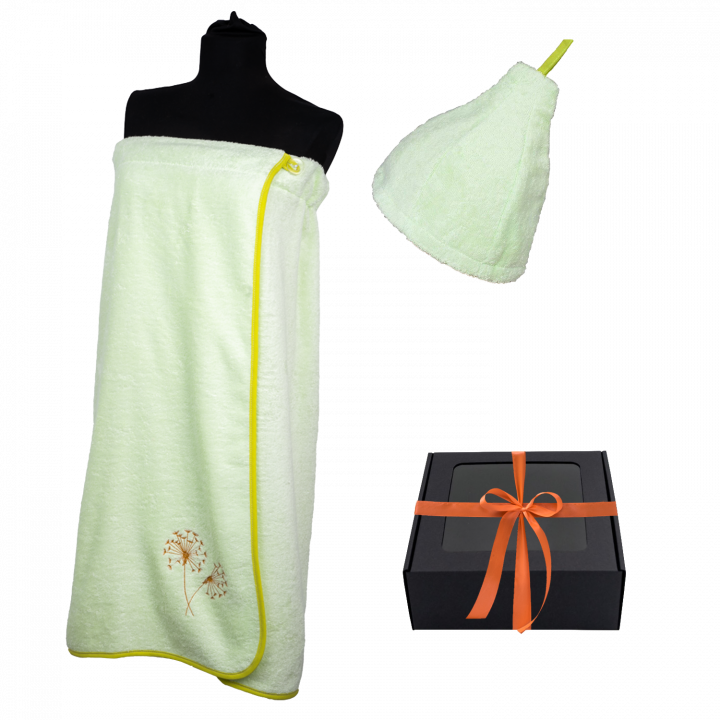 Set regalo in confezione regalo per LEI. Cappello e grembiule da sauna da donna VERDE CHIARO
