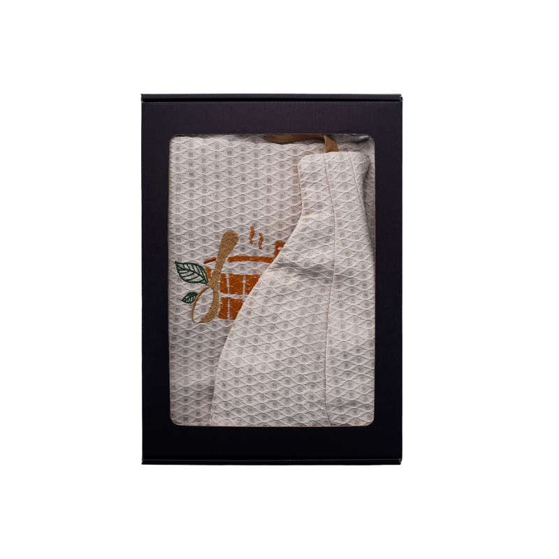 Set regalo in scatola regalo per LUI. Cappello e grembiule da sauna da uomo - LINO, ricamato