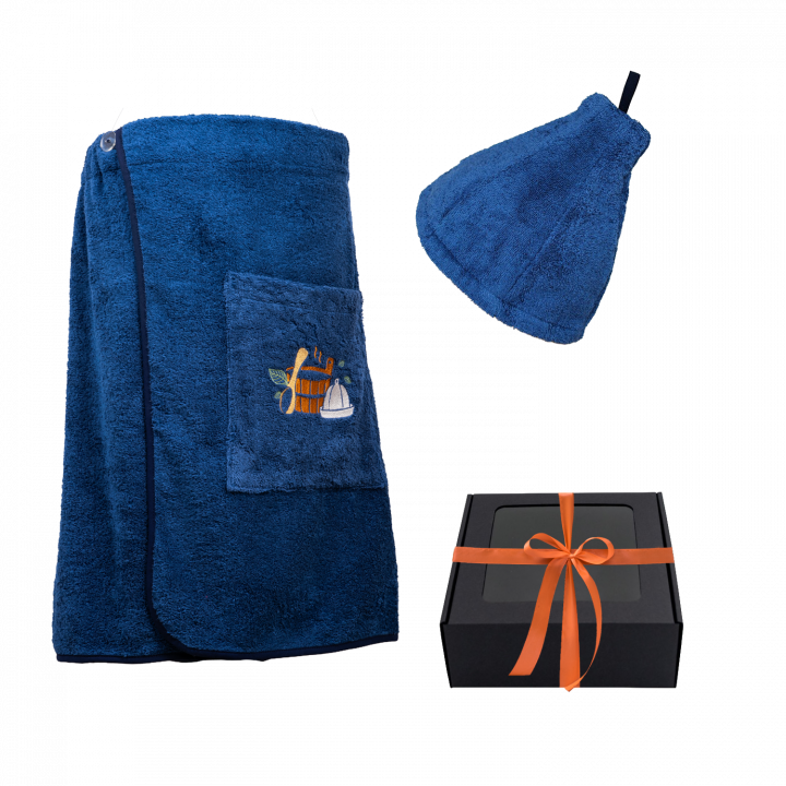Set regalo in confezione regalo per LUI. Cappello e grembiule da sauna da uomo - BLU