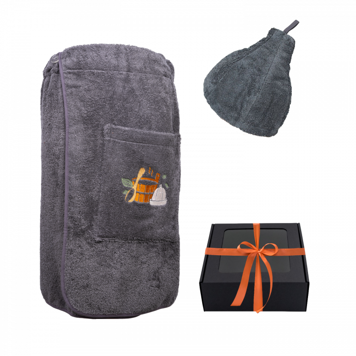 Set regalo in confezione regalo per LUI. Cappello e grembiule da sauna da uomo - GRIGIO