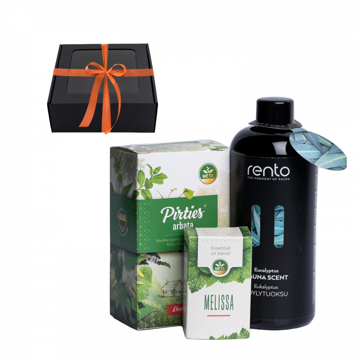 Cofanetto regalo in confezione regalo PROFUMI DI SAUNA. Tè, olio essenziale ed essenza profumata.