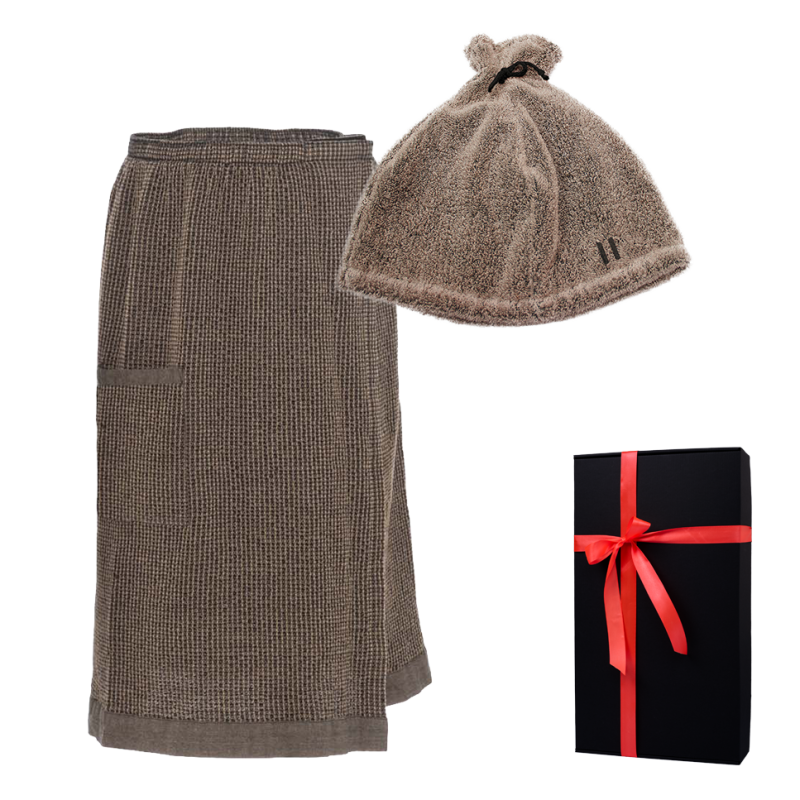 Set regalo in scatola regalo RENTO KENNO PER LUI. Cappello da sauna e grembiule, marrone