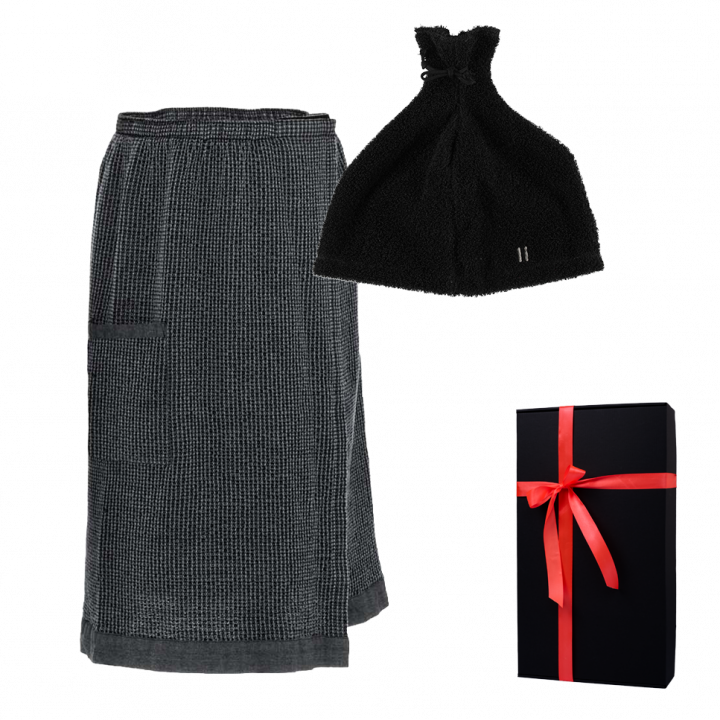 Set regalo in scatola regalo RENTO KENNO PER LUI. Cappello da sauna e grembiule, grigio scuro/nero
