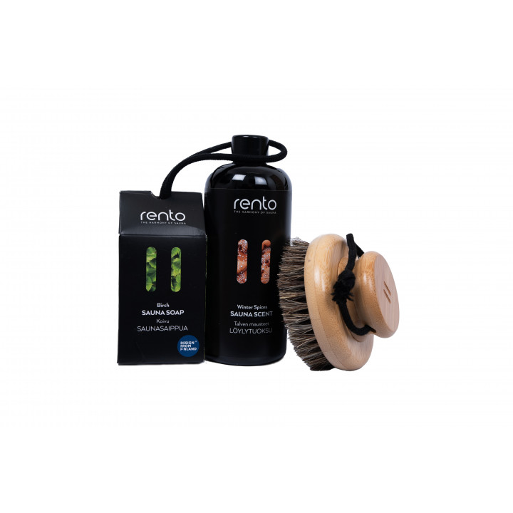 Set regalo in confezione regalo WINTER SPICES. Essenza profumata, spazzola per il corpo e sapone.