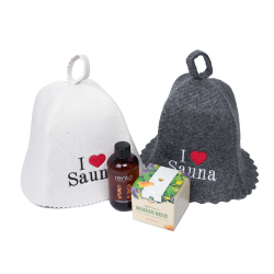 Set regalo I LOVE SAUNA in una scatola regalo. Cappelli da sauna, olio per massaggi e miele  Set regalo I LOVE SAUNA in una scatola regalo. Cappelli da sauna, olio per massaggi e miele