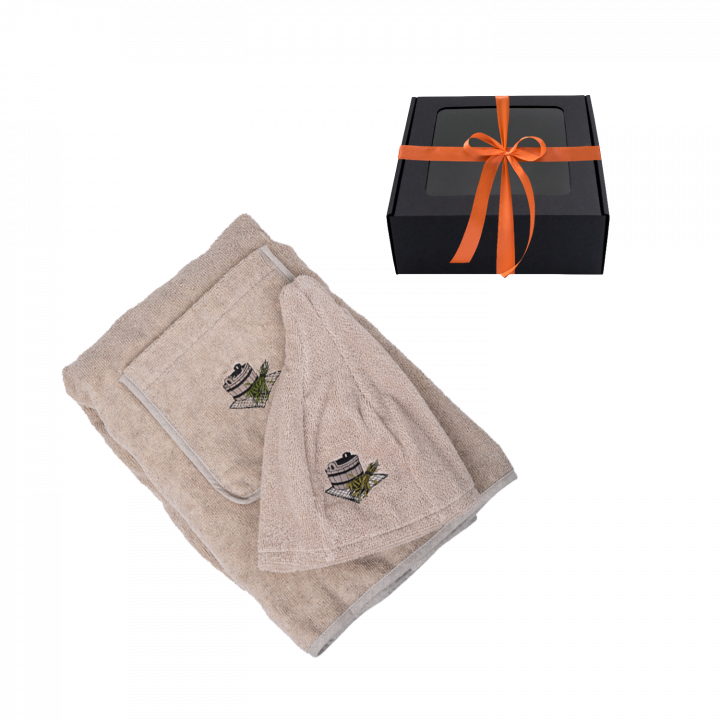 Set regalo per Lei - LINO, 80x160 cm, in una scatola regalo. Grembiule e cappello per sauna