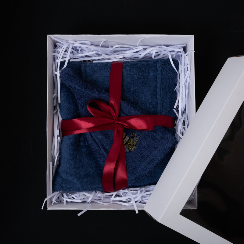 Set regalo per Lui - BLU, 55x150 cm, in una scatola regalo. Grembiule e cappello per sauna