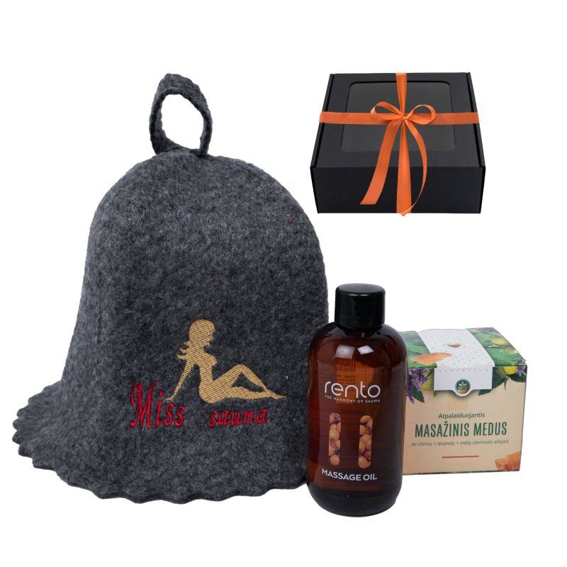 Set regalo MISS SAUNA in una scatola regalo. Cappello da sauna, olio per massaggi e miele