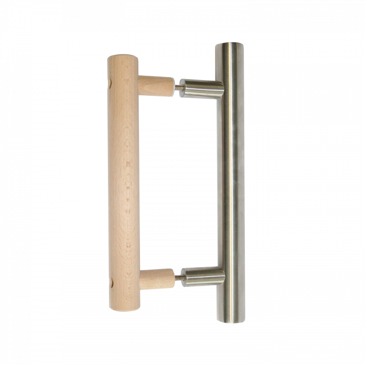 Maniglia per porta Harvia, in legno e acciaio inossidabile.