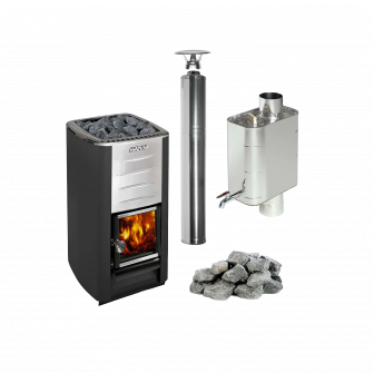 Set stufa a legna per sauna HARVIA M3, pietre, canna fumaria, scaldabagno.