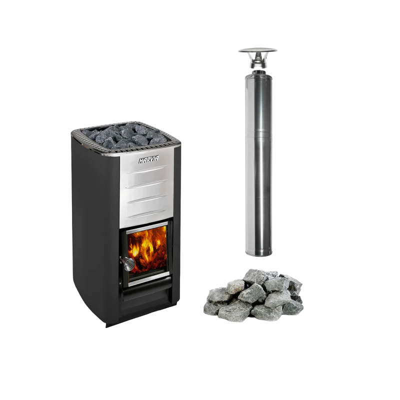 Stufa a legna per sauna HARVIA M3, set completo di pietre e canna fumaria.
