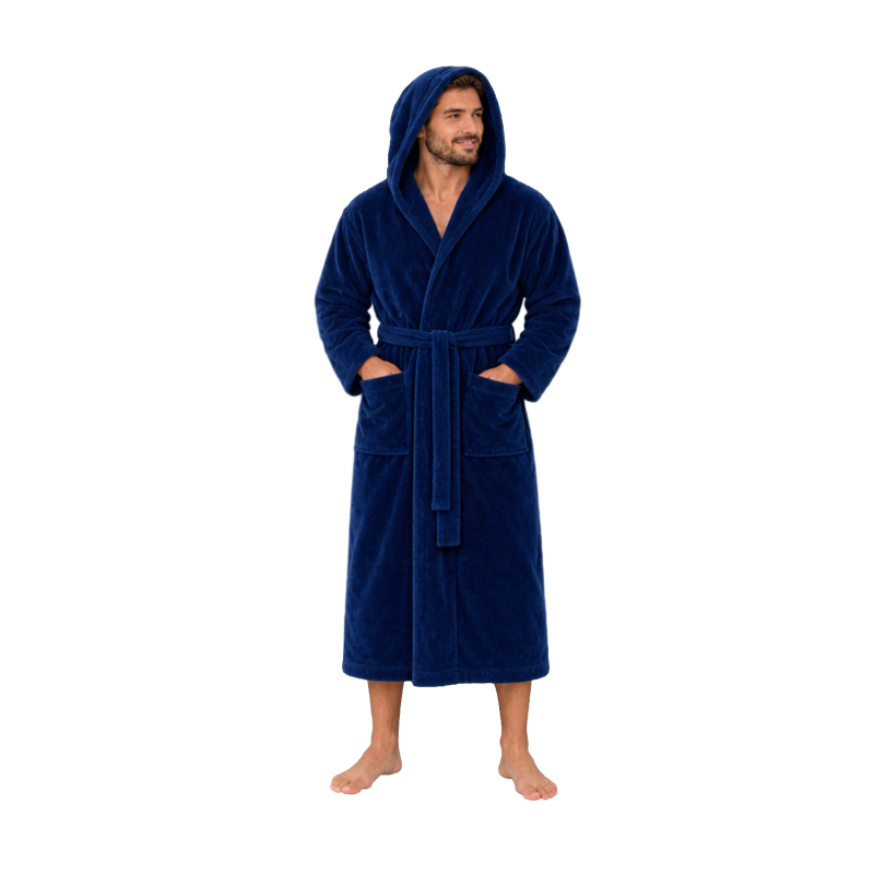 Accappatoio con cappuccio in velluto di cotone, blu