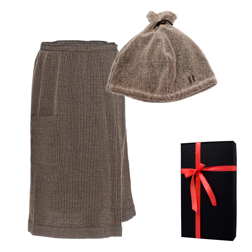 grembiule e cappello da sauna in una scatola regalo