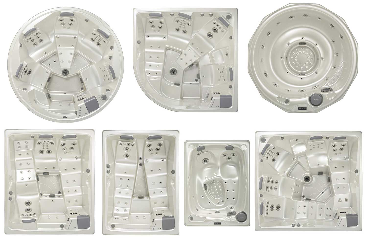 Modelli di piscine idromassaggio USSPA di diverse forme e dimensioni, con sedute ergonomiche e getti idromassaggio.