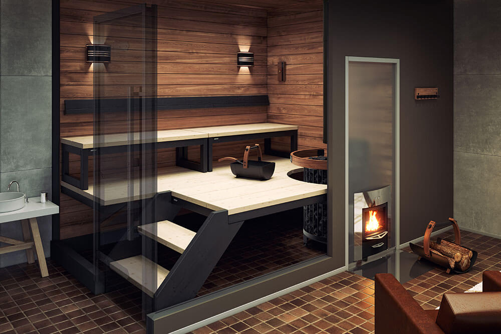 Sauna contemporanea con stufa a legna